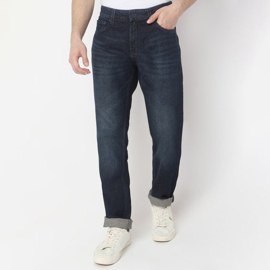 Rugged Washed Jeans for Men Straight Cut Dark Tone